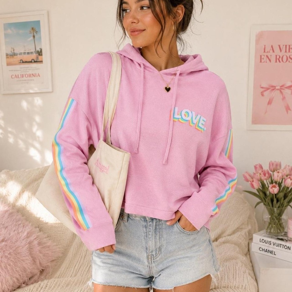 Women's Pink Cropped Hoodie with Rainbow LOVE Graphic